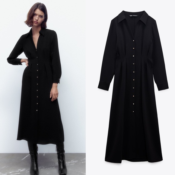 Zara Pleated Flowy Midi Shirt Dress With Golden Buttons - 8621/731 - Picture 1 of 10